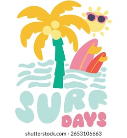 Sunny day at the beach. Beach hand sketch graphic print design for t shirt print, poster, sticker, background and other uses. Palm tree with surfing board vintage print artwork. Surf club. Enjoy beach