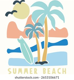 Sunny day at the beach. Beach hand sketch graphic print design for t shirt print, poster, sticker, background and other uses. Palm tree with surfing board birds, print artwork. Surf club. Enjoy beach