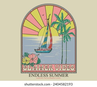 Sunny day at the beach. Ocean wave. Palm tree  print artwork. Good vibe long beach. Sunshine beach club graphic print design for t shirt print, poster, sticker and other uses. Tropical flower.