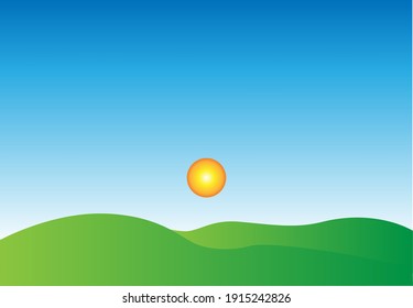 Sunny day - blue sky, green fields, bright sun, no people. Horizontal illustration, vector EPS 10. 