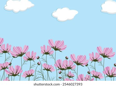 Sunny day with blue sky and pink flowers and green leaves 