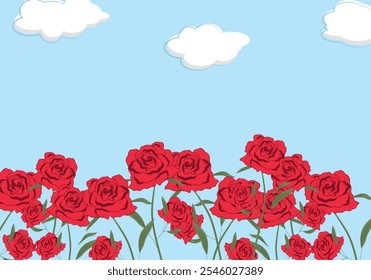 Sunny day with blue sky and red roses flowers and green leaves 