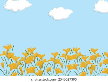 Sunny day with blue sky and yellow flowers and green leaves 