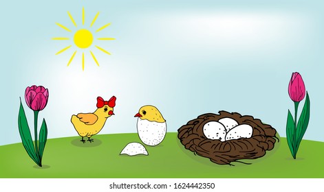Sunny day and a born chick in a green meadow against a blue sky. Copy space. Easter template for kids background, invitation, greeting card, banner, print.