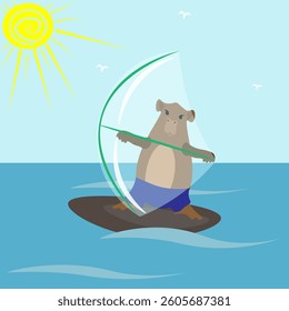 Sunny day capybara is a windsurfer sailing on a windsurfing board on blue waves. The concept of summer holidays