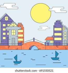Sunny day in the city. 
Vector flat illustration of cityscape with bridge, water and little ships.