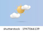 Sunny day concept. Sun with clouds isolated on blue background. Realistic icon for social media, web design, weather forecast. 3d Sun with clouds. Vector illustration