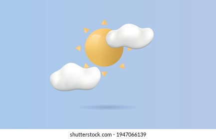 Sunny day concept. Sun with clouds isolated on blue background. Realistic icon for social media, web design, weather forecast. 3d Sun with clouds. Vector illustration