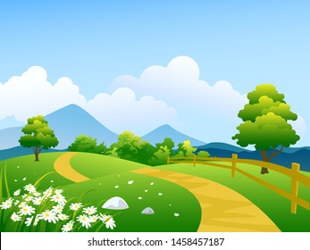 sunny day countryside landscape with flowers and fence