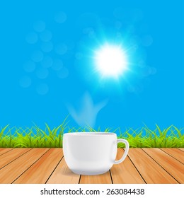 Sunny day, a cup of coffee on the board vector illustration