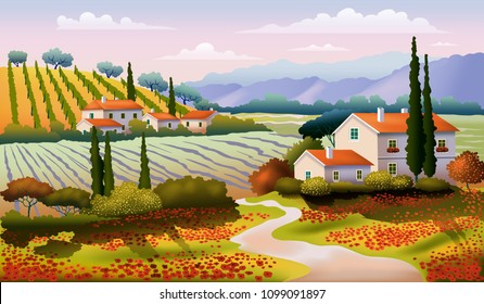 Sunny day in the fabulous countryside. Handmade drawing vector illustration. Can be used to create fairy tales, children's books & etc.