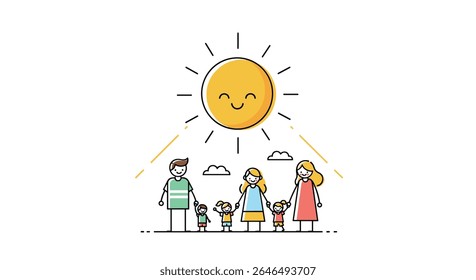 Dia ensolarado família excursão projeto vetor feliz sol sorridente e atmosfera despreocupada