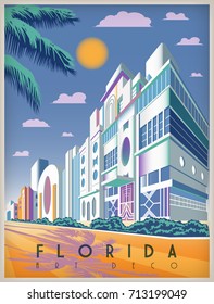 Sunny day in Florida, USA. Handmade drawing vector illustration. Art deco style. All buildings - customizable different objects.