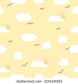 sunny day with flying birds and cloud illustration on orange sky background. hand drawn vector. seamless pattern with cloud and sun. doodle for kid fashion, wallpaper, wrapping paper and gift, fabric.