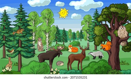 sunny day in the forest animals vector