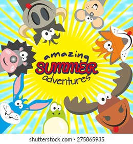 Sunny day with friends. Amazing summer adventure. Card with animals. Elk, cow, hedgehog, little mouse, fox, frog, rabbit. Vector illustration.