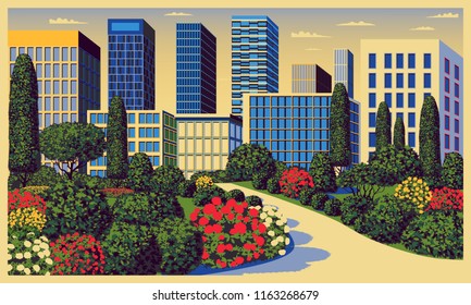 Sunny day in the garden near the city center. Handmade drawing vector. All buildings and plants - customizable different objects.