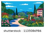 Sunny day in the garden near the country house. Handmade drawing vector. Pop art style.