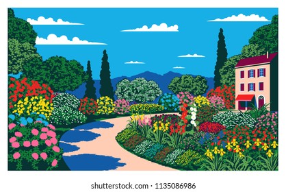 Sunny day in the garden near the country house. Handmade drawing vector. Pop art style.