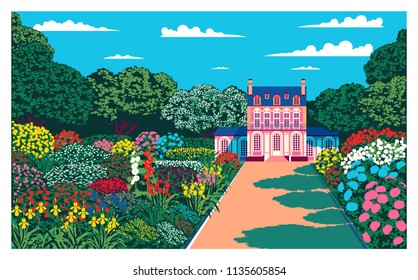 Sunny day in the garden near the country house. Handmade drawing vector. Pop art style.