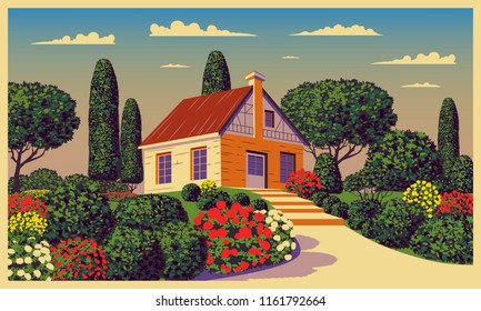 Sunny day in the garden near the country house. Handmade drawing vector. Pop art vintage style.