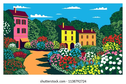 Sunny day in the garden near the village. Handmade drawing vector. Pop art style.