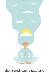 Día soleado. Niña en loto de yoga practica meditación. Ilustración vectorial en estilo plano. Mujer joven meditando