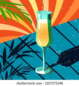 Sunny day with a glass of white wine or champagne in vintage style against the backdrop of tropical leaves. Vector