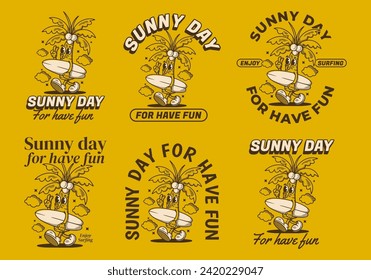 Sunny day for have fun. Vintage character illustration of coconut tree holding a surfing board