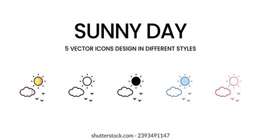Diseño de iconos de día soleado en estilo de cinco con pulsación editable. Línea, Sólido, Línea plana, Color de tono Duo y Línea de degradado de color. Adecuado para diseño de páginas Web, aplicaciones móviles, UI, UX y GUI.