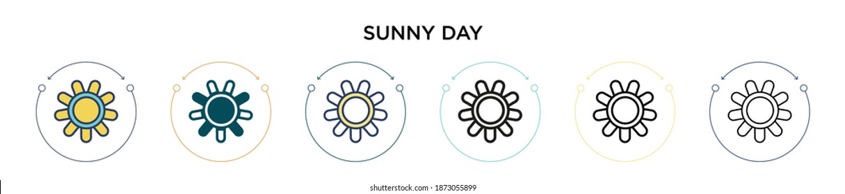 Sonniges Tagessymbol in voller, dünner Linie, Umriss- und Strichform. Vektorgrafik von zwei farbigen und schwarz-sonnigen Vektorgrafiken-Designs kann für mobile, ui, web-basierte