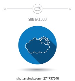 Sunny day icon. Summer sign. Overcast weather symbol. Blue flat circle button. Linear icon with shadow. Vector