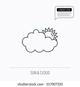 Sunny day icon. Summer sign. Overcast weather symbol. Linear outline icon. Speech bubble of dotted line. Vector