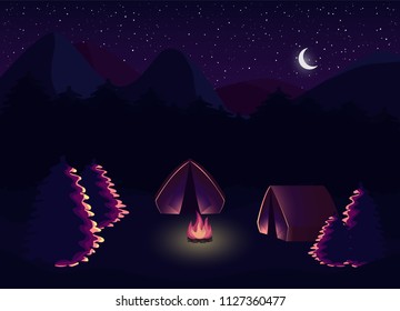 Sunny day landscape, campfire, mountains, forest and water. Background for summer camp, nature tourism, camping or hiking design concept.