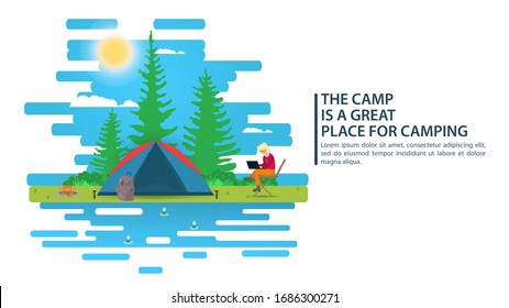 Sunny day landscape, flat cartoon style illustration, girl working on laptop next to tent, Background for summer camp nature tourism camping or Hiking, concept design