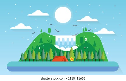 Sunny day landscape with flat design with tent, campfire, mountains, forest and waterfall. Background for summer camp, nature tourism, camping or hiking design concept.