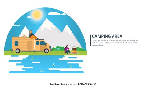 Sunny day landscape, flat style illustration, car house on wheels campfire mountains forest and water people on vacation, Background for summer camp nature tourism camping or Hiking, concept design