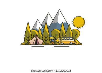 Sunny day landscape illustration in flat design,  outline stroke style with tent, campfire, mountains, forest and water. Background for summer camp, nature tourism, camping or hiking design concept.