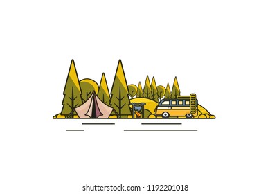 Sunny day landscape illustration in flat design,  outline stroke style with tent, campfire, mountains, forest and water. Background for summer camp, nature tourism, camping or hiking design concept.