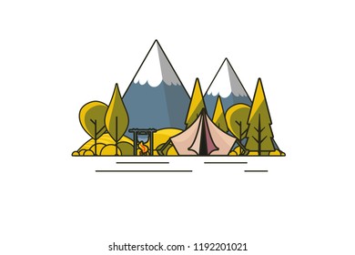 Sunny day landscape illustration in flat design,  outline stroke style with tent, campfire, mountains, forest and water. Background for summer camp, nature tourism, camping or hiking design concept.