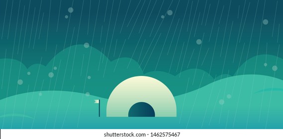 Sunny day landscape illustration in flat style with tent, campfire, mountains, forest and water. Background for summer camp, nature tourism, camping or hiking design concept.