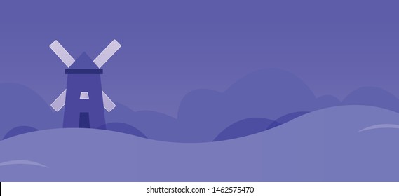 Sunny day landscape illustration in flat style with tent, campfire, mountains, forest and water. Background for summer camp, nature tourism, camping or hiking design concept.