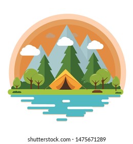 Sunny Day Landscape Illustration In Flat Style With Tent Mountains, Forest And Water. Background For Summer Camp. - Vector