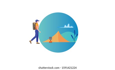 Sunny day landscape illustration in flat style with tent, campfire, mountains, forest and water. Background for summer camp, nature tourism, camping or hiking design concept.