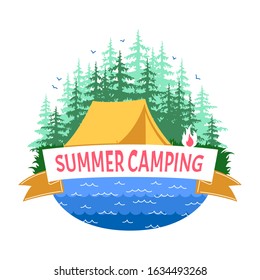 Sunny day landscape illustration in flat style with tent, campfire, forest and water. Background for summer camp, nature tourism, camping or hiking design concept.