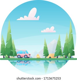 Sunny day landscape illustration in flat style with tent, campfire, mountains, forest and water.