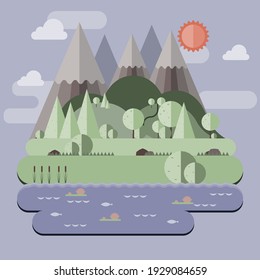 Sunny day landscape illustration in flat style with mountains, forest and water. Background for summer camp, nature tourism, camping or hiking design concept.