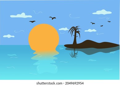 Sunny day landscape illustration in flat style with clear sky scenery illustration, simple picture painted by cute little boy in summer