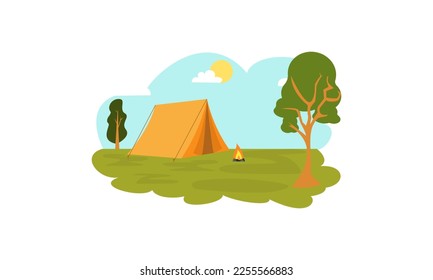 Sunny day landscape illustration in flat style with tent, campfire, mountains, forest and water. Background for summer camp, nature tourism, camping or hiking design concept.