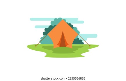 Sunny day landscape illustration in flat style with tent, campfire, mountains, forest and water. Background for summer camp, nature tourism, camping or hiking design concept.